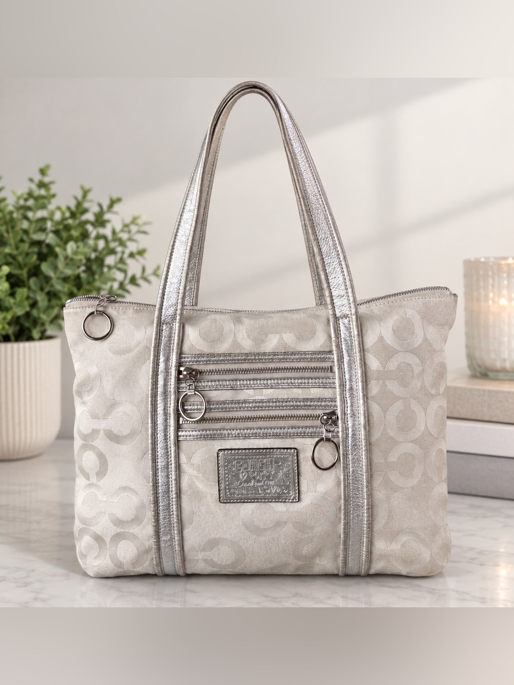 Coach Poppy “Glam” Silver Logo Jacquard Tote with Metallic Accents
